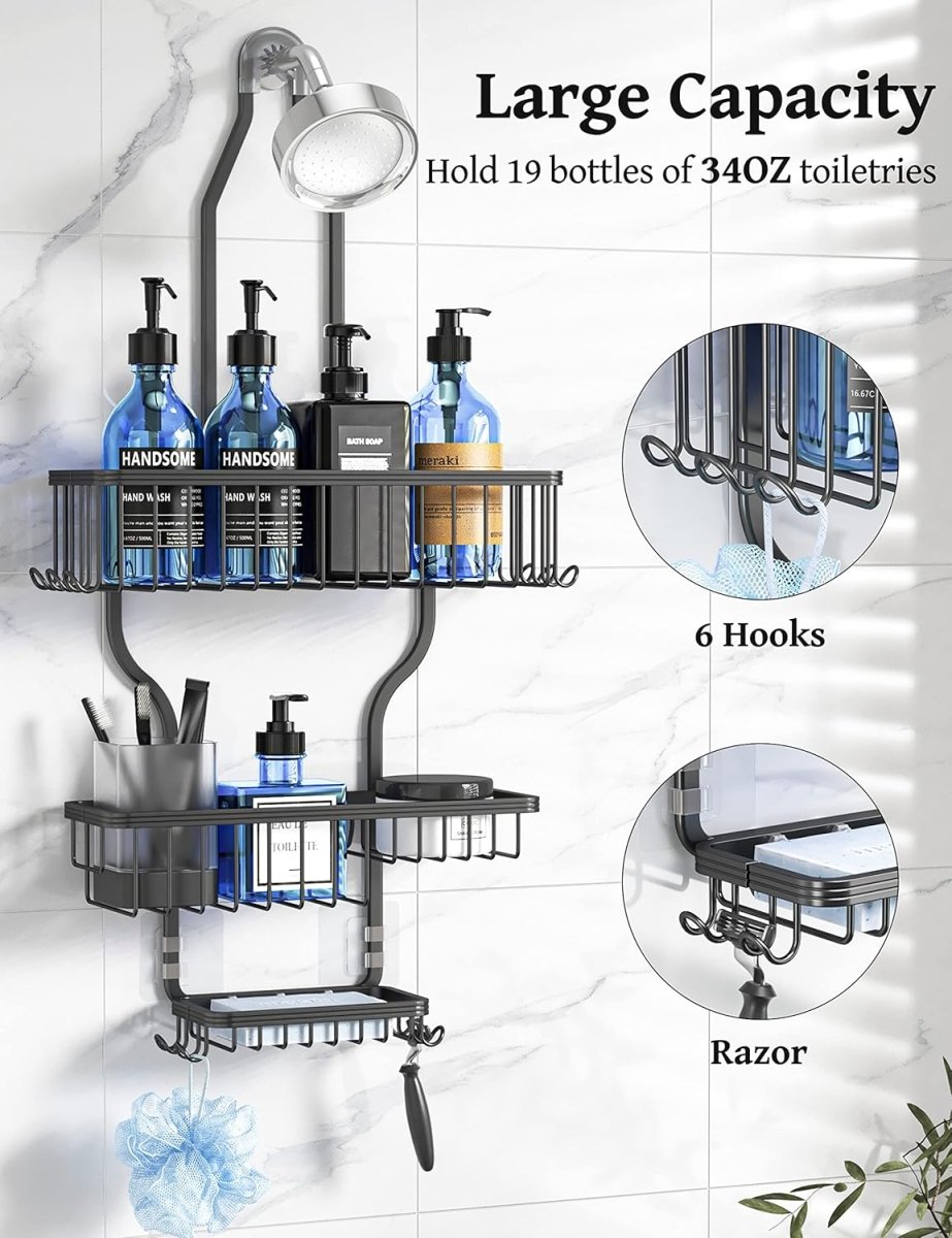 YASONIC Shower Caddy Hanging - Never Rust Shower Organizer - Aluminum Over The Head Caddy with 10 Hooks for Razor/Sponge - Rack with Soap Basket - Silver - Homesidy.com