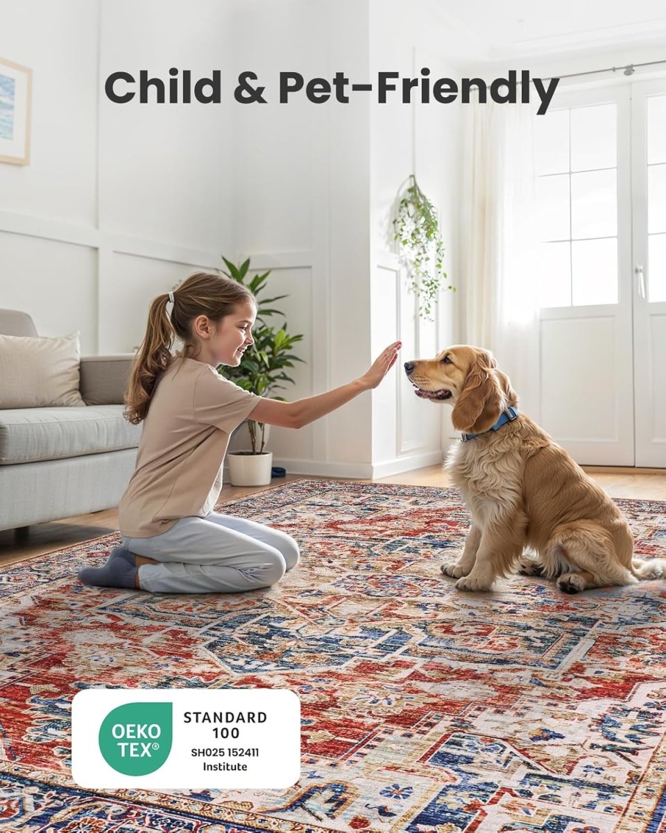 AMADA HOMEFURNISHING 8x10 Washable Area Rug, Low - Profile Large Area Rug with Non - Slip Backing &amp; Durable Edge Binding, Vintage Large Rugs for Living Room, Bedroom, Dinning Room - Homesidy.com