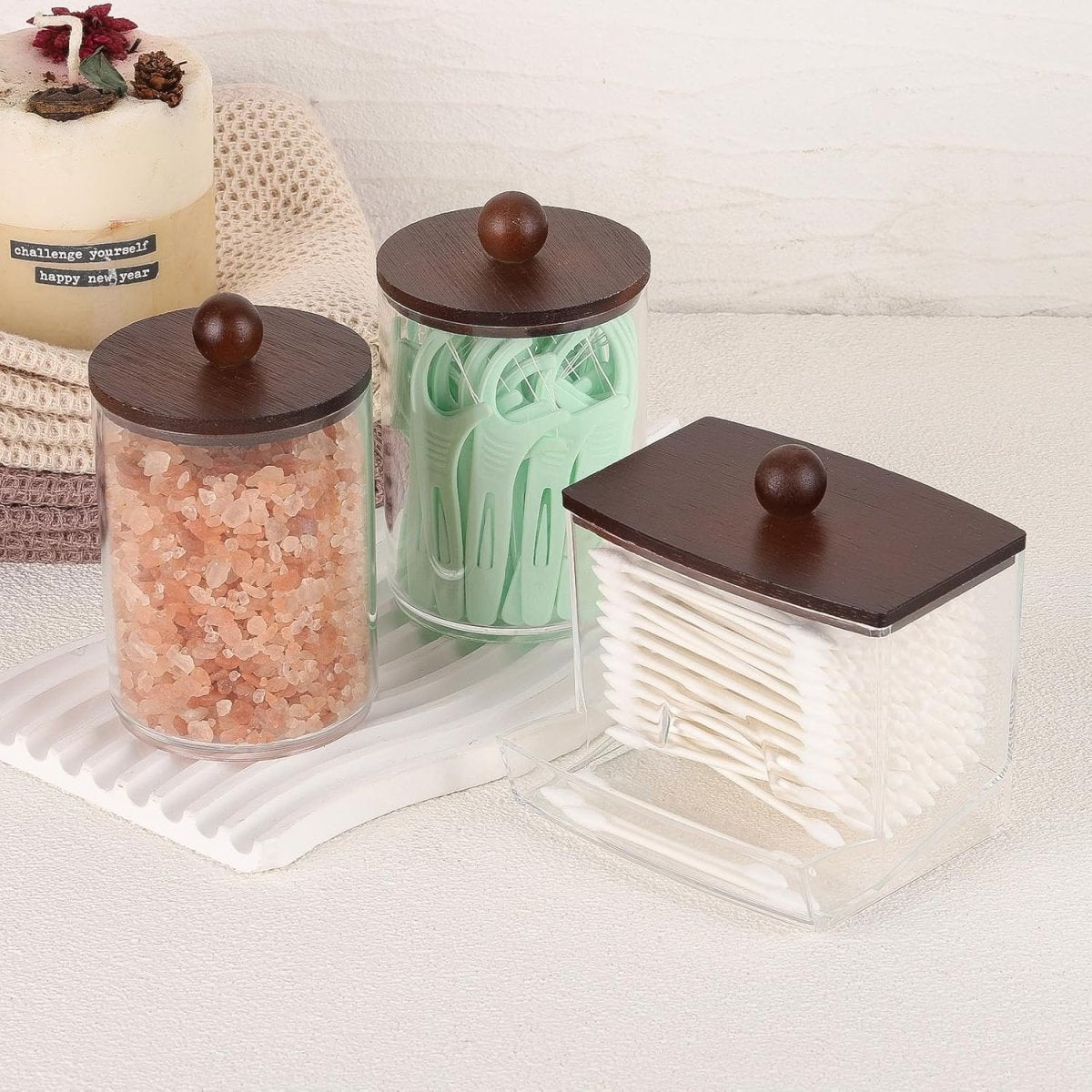 Tbestmax Qtips Holder Bathroom Container, 10 OZ Cotton Ball/Swabs Dispenser, Apothecary Jar Organizer for Storage Brown Wood Lids - Homesidy.com