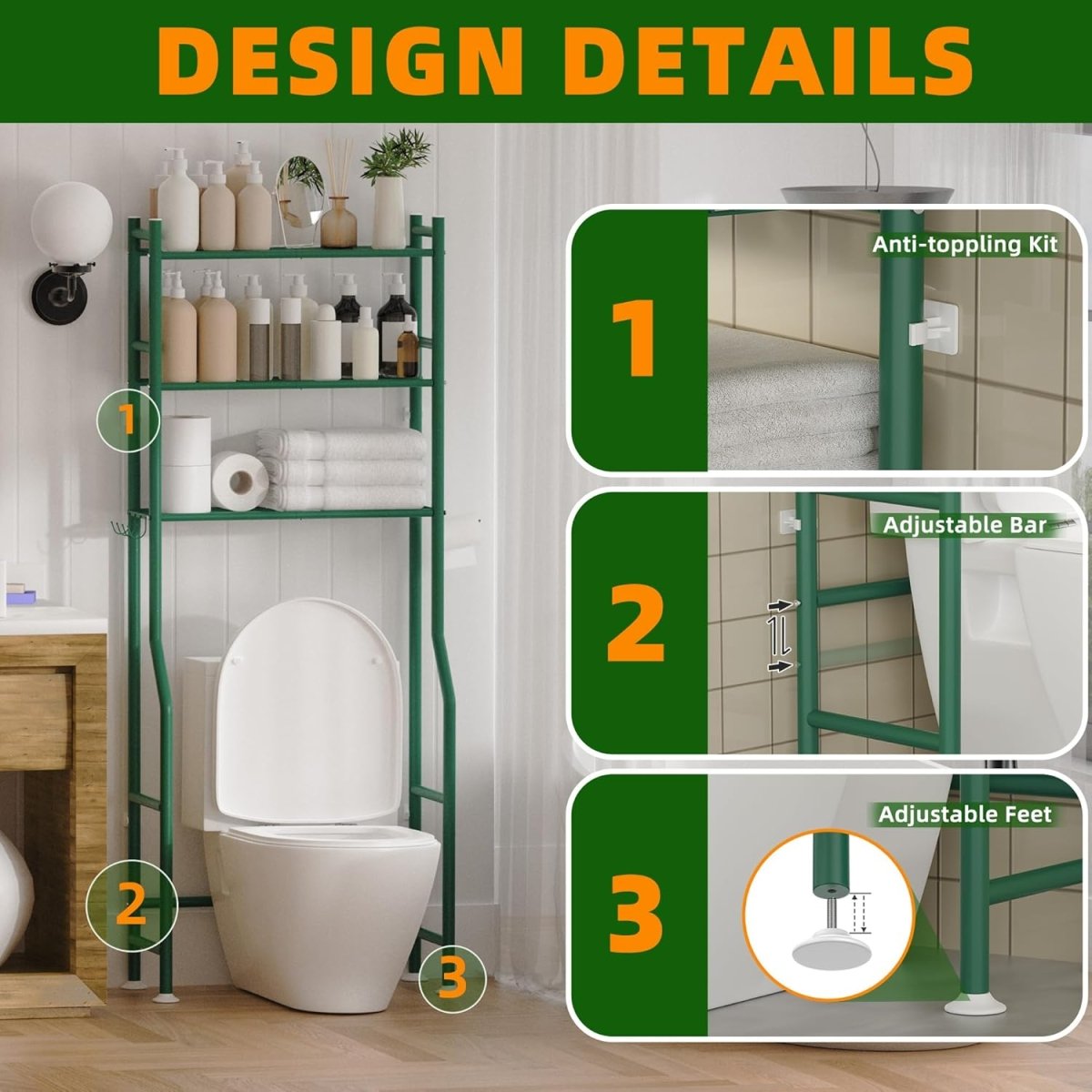 GloTika 3 - Tier Over The Toilet Storage, Space Saver Metal Bathroom Shelves, Freestanding Above Over Toilet Storage Shelf with 4 Hooks for Bathroom, Black - Homesidy.com