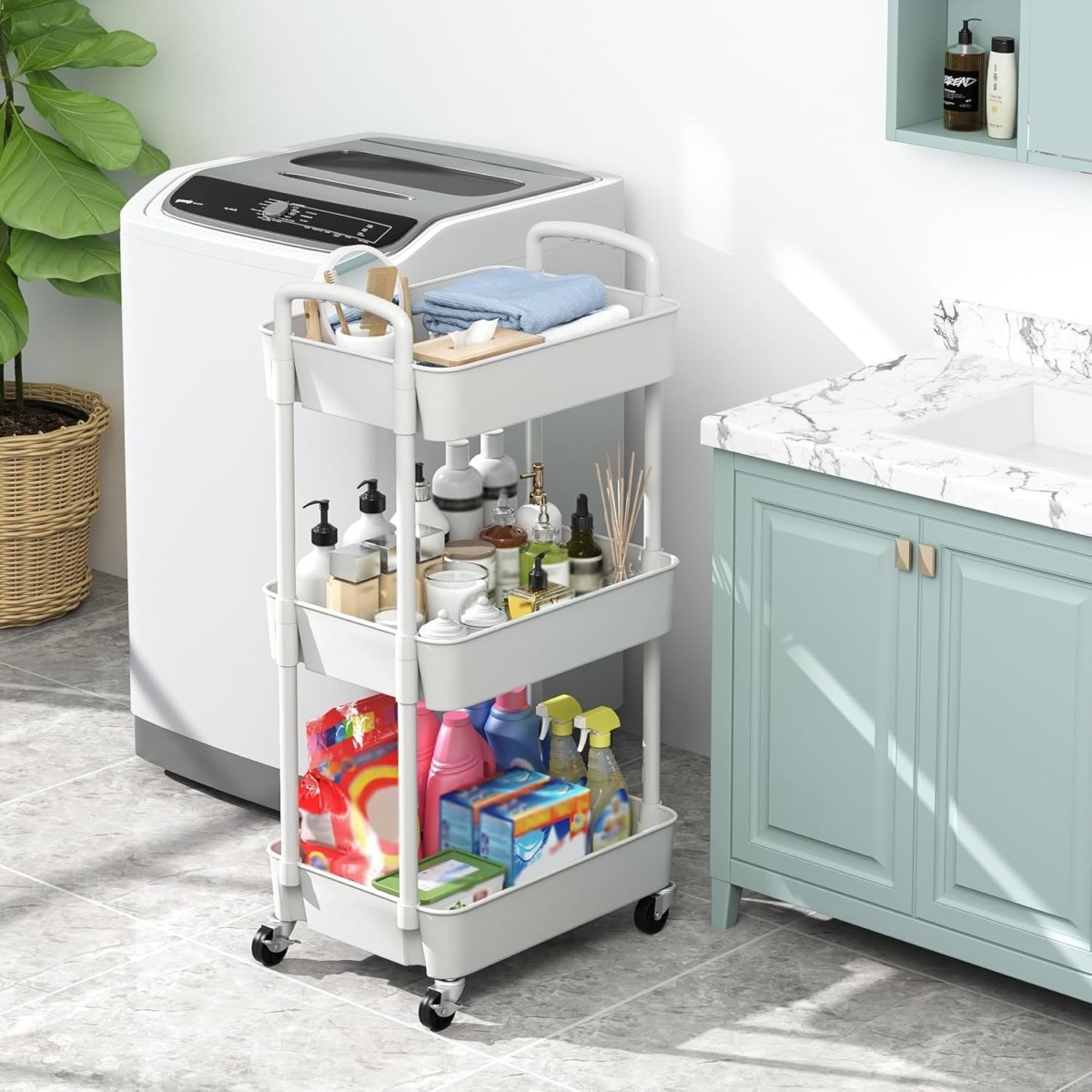 Sywhitta 3 - Tier Plastic Rolling Utility Cart with Handle, Multi - Functional Storage Trolley for Office, Living Room, Kitchen, Movable Storage Organizer with Wheels, White - Homesidy.com