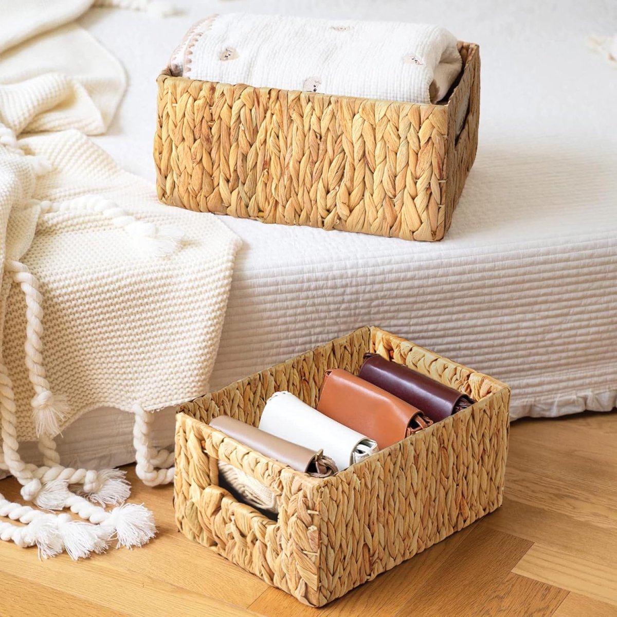 Greenatural Water Hyacinth Storage Baskets Set of 2, Handwoven Rectangular Organizer Trays with Wooden Bead Handles, Nested Wicker Bins for Shelf, Bathroom, Kitchen, Office, Natural Decor - Homesidy.com