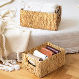 Greenatural Water Hyacinth Storage Baskets Set of 2, Handwoven Rectangular Organizer Trays with Wooden Bead Handles, Nested Wicker Bins for Shelf, Bathroom, Kitchen, Office, Natural Decor - Homesidy.com