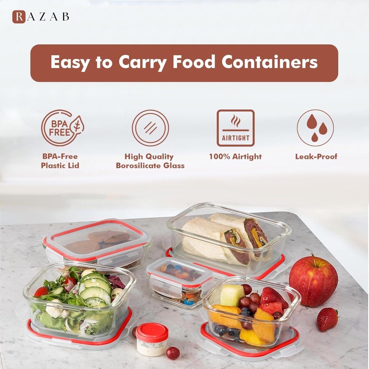 Razab 35 Pc Set Glass Food Storage Containers with Lids - Meal Prep Airtight Bento Boxes BPA - Free 100% Leak Proof (15 lids,15 glass &amp; 5 Plastic Sauce/Dip Containers) - Homesidy.com