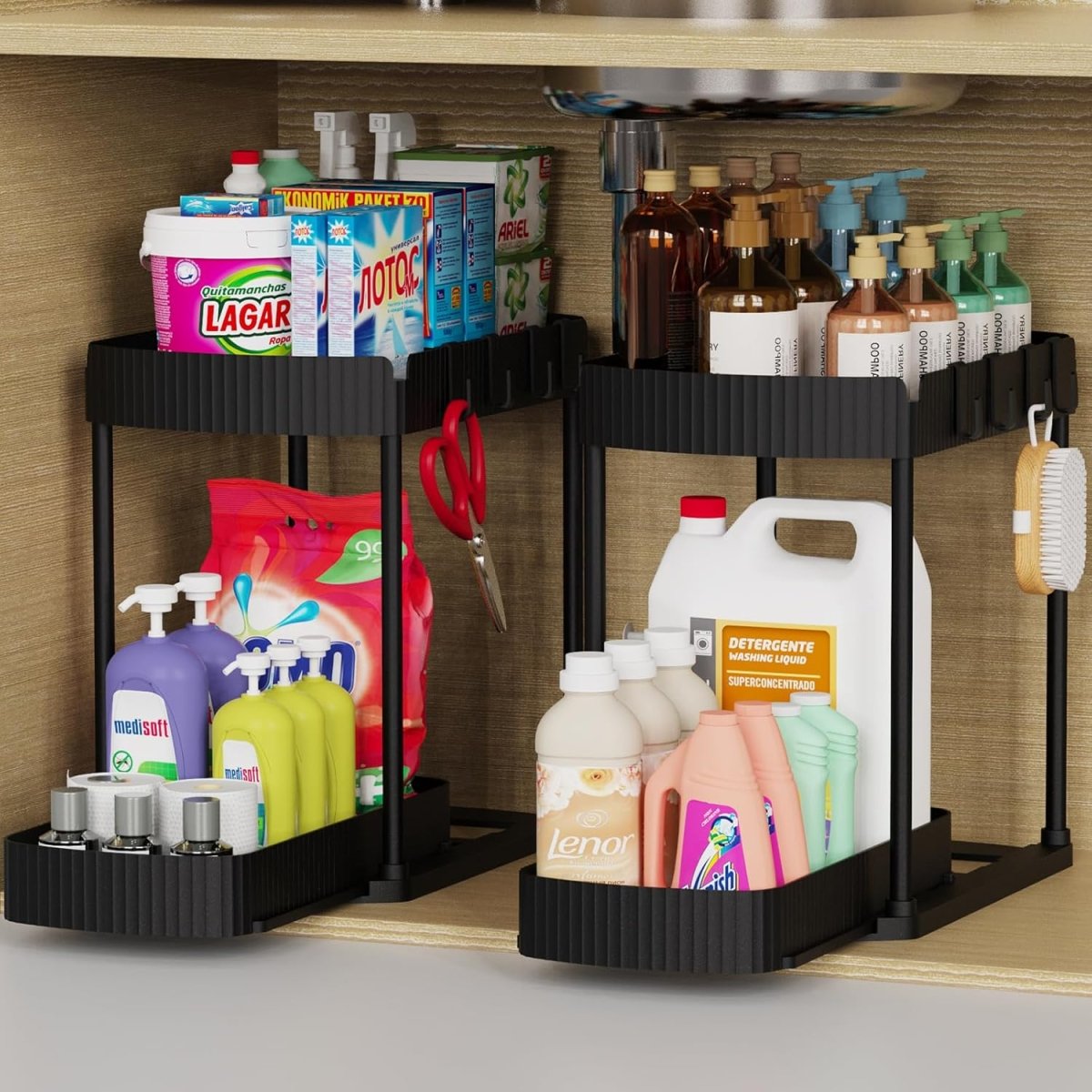 Ukeetap Multi - Purpose Pull - Out Storage Organizers, Under Sink/Cabinet Organizers and Storage for Bathroom &amp; Kitchen, Black, 12.8 Inches, 2 Packs - Homesidy.com