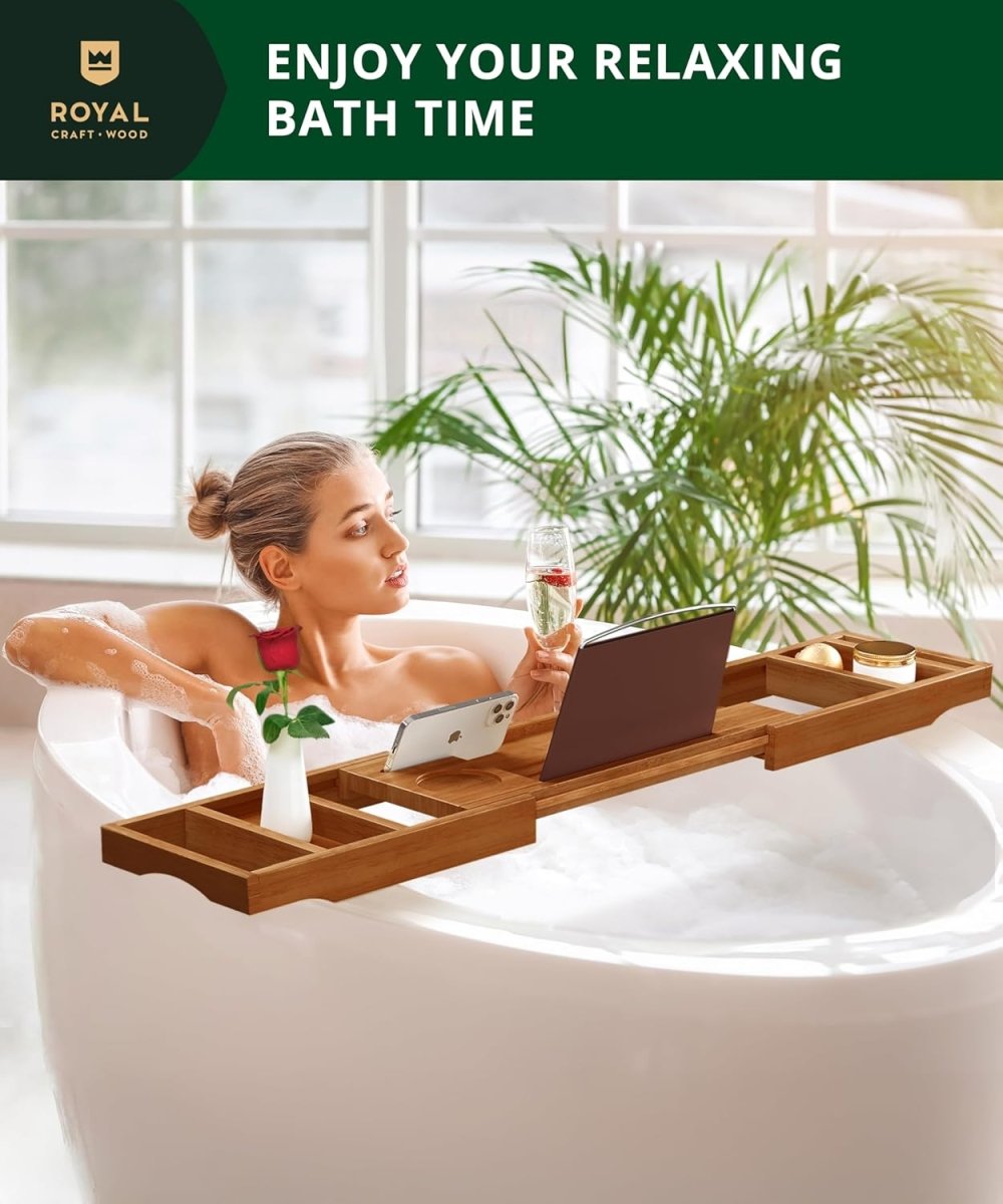 ROYAL CRAFT WOOD Bathtub Tray Caddy for Tub, Bamboo Bath Shelf, Premium Foldable Wood Bath Table, Expandable Bathtub &amp; Bathroom Accessories, New Home Gifts for Mom, Housewarming, Anniversary, Wedding - Homesidy.com