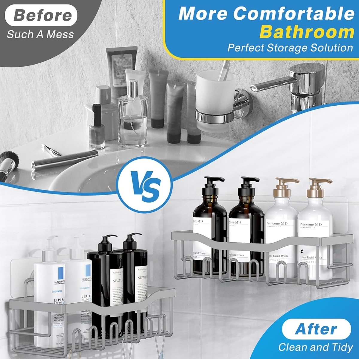 EUDELE 5 - Pack Rustproof Stainless Steel Shower Caddy Set– No Drill Adhesive Bathroom Organizer, Space - Saving Shower Shelves for Apartment Essentials, Bathroom/Kitchen Storage Home Decor - L Size - Homesidy.com