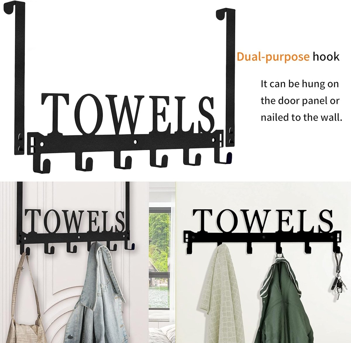 Kuhome Over The Door Hooks, Towel Holder for Bathroom, Door Mount Towel Rack Towel Hooks for Bedroom Beach Towels Bathrobe Wall Mount Hang on The Door Cabinet Cupboard Metal Sandblasted (Black) - Homesidy.com