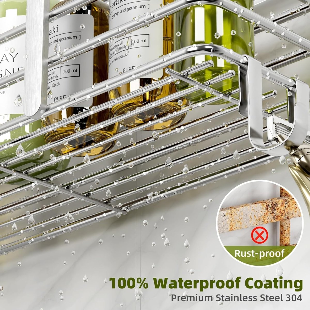 Shower Caddy, Adhesive Shower Organizer with Soap Dish and 4 Hooks, Rustproof Stainless Steel Shower Shelves, Wall Mounted No Drilling Storage Shelf Basket Accessories for Bathroom &amp; Kitchen - Homesidy.com