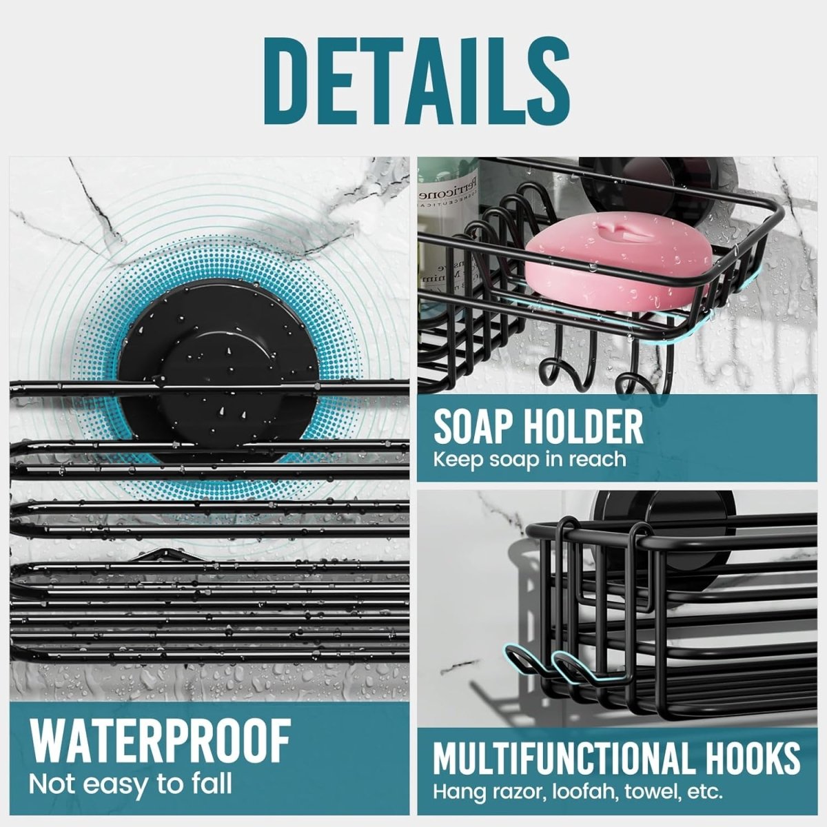 TAILI Shower Caddy Suction Cup 2 Pack with Hooks &amp; Soap holder, Heavy Duty Shower Organizer for Bathroom, No Drilling Bathroom Organizer with Large Capacity, Black Metal Storage Basket - Homesidy.com