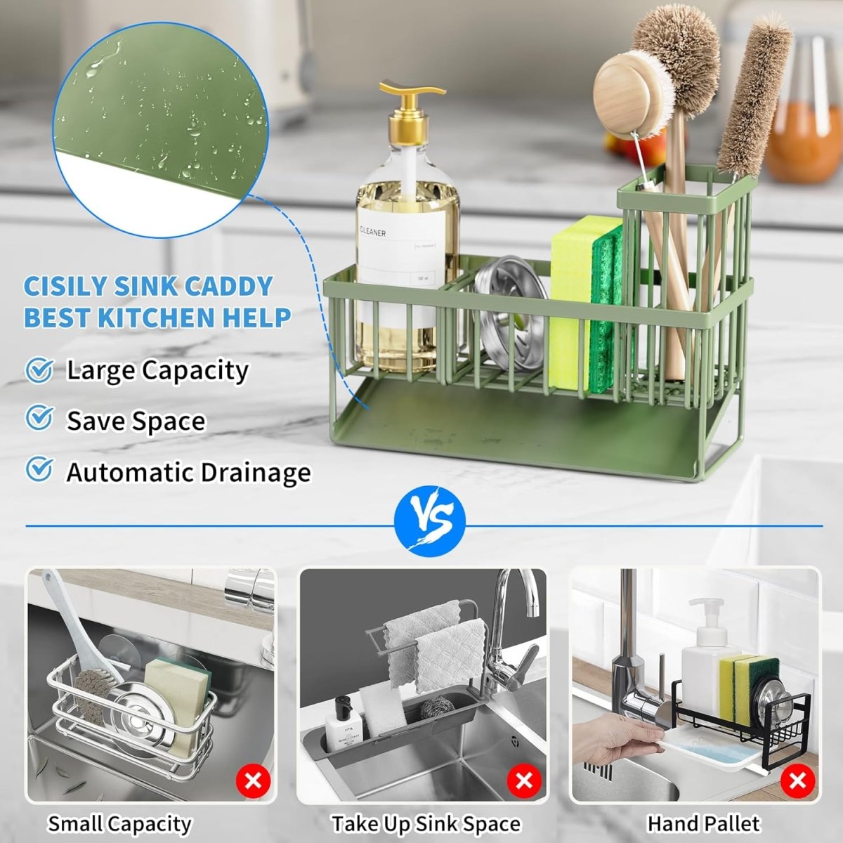 Cisily Kitchen Sink Caddy Organzier with High Brush Holder, Sponge Holder for Sink, 304 Rustproof Stainless, Kitchen Countertop Soap Dispenser Organizer, Kitchen Decor and Accessories - Homesidy.com