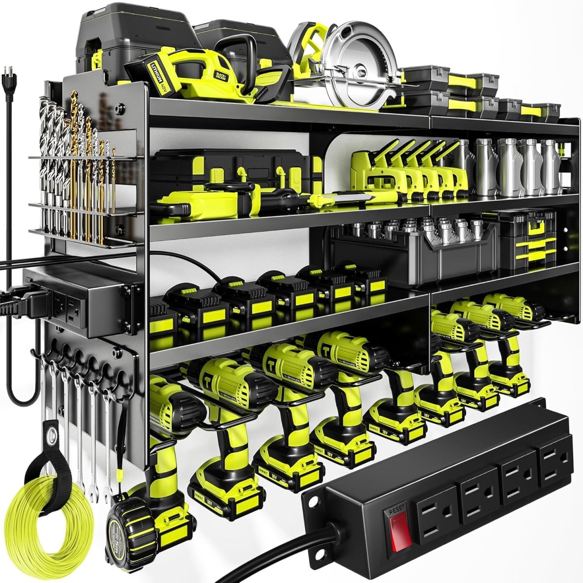 POKIPO Large Power Tool Organizer Wall Mount with Charging Station,4 Layer Heavy Duty Metal Tool Storage Rack Loads 600lbs with 8 Cordless Drill Holder,Battery Utility Rack Loads with 4 Power Strip - Homesidy.com