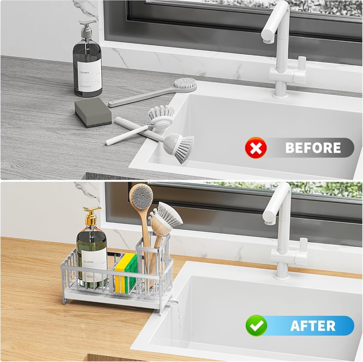 Cisily Black Sponge Holder for Kitchen Sink, Sink Caddy Organizer with High Brush Holder, Kitchen Countertop Organizers and Storage Essentials, Rustproof 304 Stainless Steel, Soap Dispenser Organize - Homesidy.com