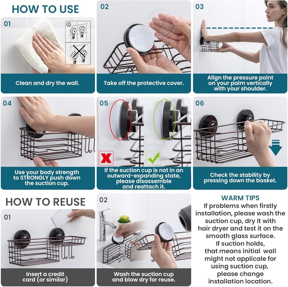 TAILI Shower Caddy Suction Cup 2 Pack with Hooks &amp; Soap holder, Heavy Duty Shower Organizer for Bathroom, No Drilling Bathroom Organizer with Large Capacity, Black Metal Storage Basket - Homesidy.com