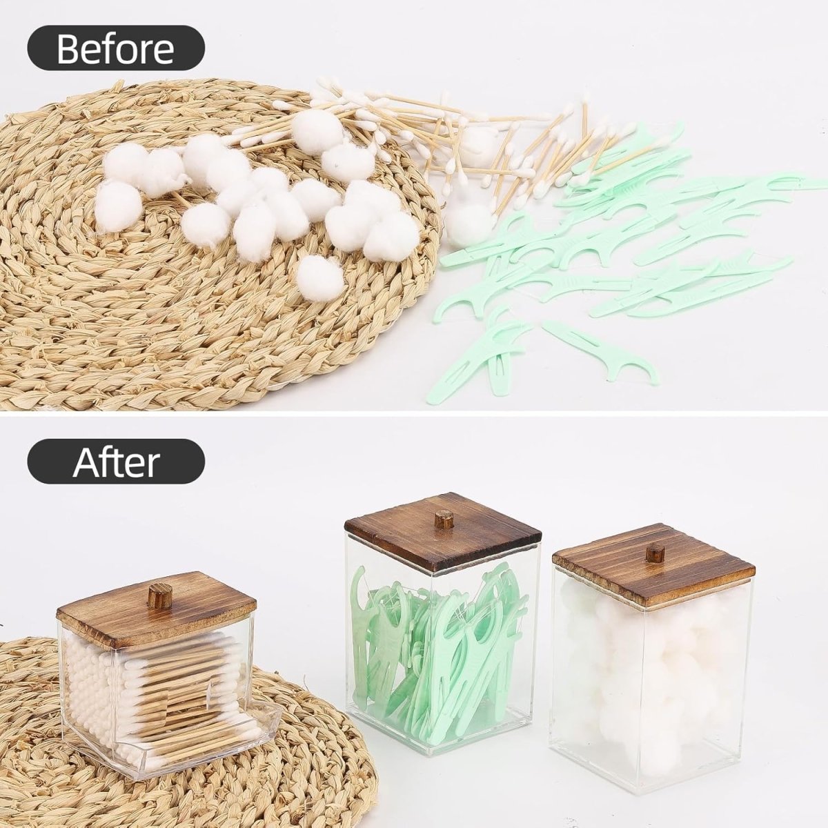Tbestmax Qtips Holder Bathroom Container, 10 OZ Cotton Ball/Swabs Dispenser, Apothecary Jar Organizer for Storage Brown Wood Lids - Homesidy.com