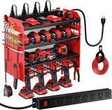 POKIPO Large Power Tool Organizer Wall Mount with Charging Station,4 Layer Heavy Duty Metal Tool Storage Rack Loads 600lbs with 8 Cordless Drill Holder,Battery Utility Rack Loads with 4 Power Strip - Homesidy.com