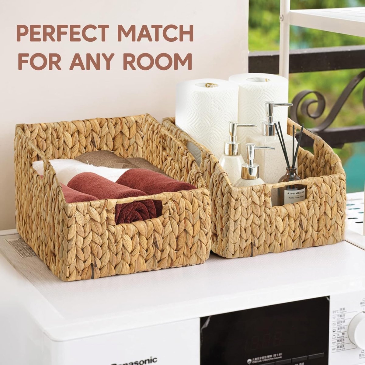 Greenatural Water Hyacinth Storage Baskets Set of 2, Handwoven Rectangular Organizer Trays with Wooden Bead Handles, Nested Wicker Bins for Shelf, Bathroom, Kitchen, Office, Natural Decor - Homesidy.com