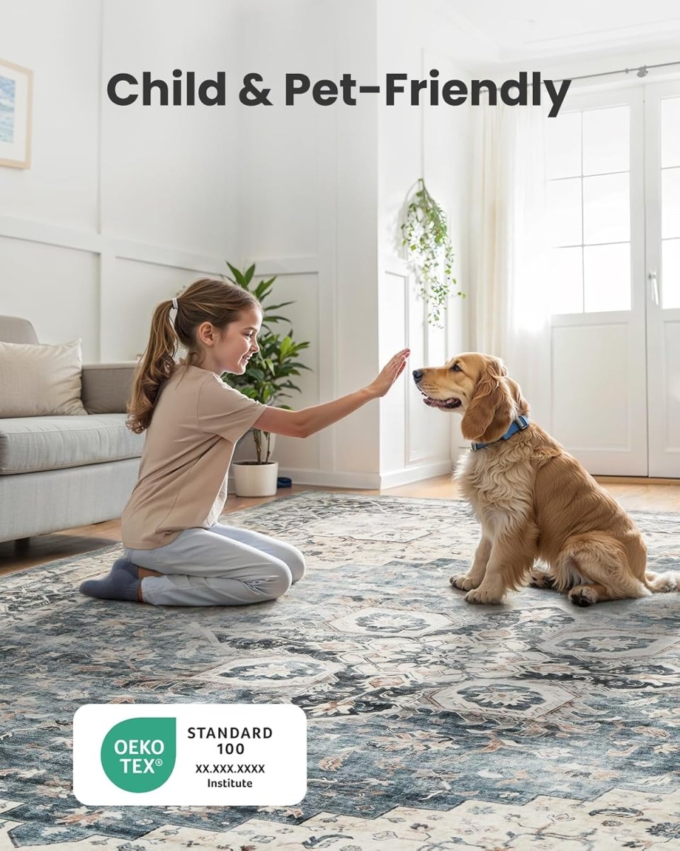 AMADA HOMEFURNISHING 8x10 Washable Area Rug, Low - Profile Large Area Rug with Non - Slip Backing &amp; Durable Edge Binding, Vintage Large Rugs for Living Room, Bedroom, Dinning Room - Homesidy.com