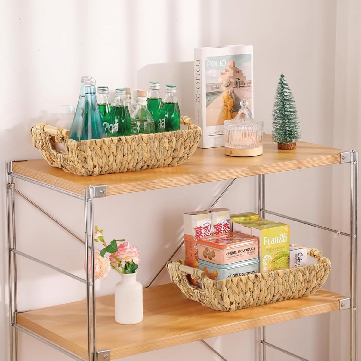 Greenatural Water Hyacinth Storage Baskets Set of 2, Handwoven Rectangular Organizer Trays with Wooden Bead Handles, Nested Wicker Bins for Shelf, Bathroom, Kitchen, Office, Natural Decor - Homesidy.com