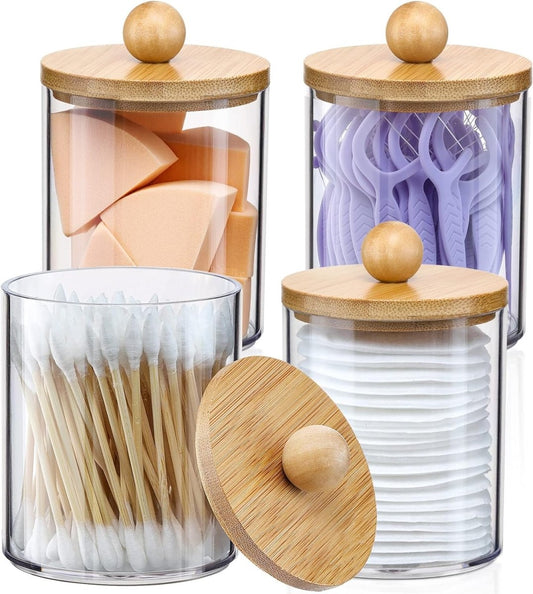 4 Pack Qtip Holder Dispenser with Bamboo Lids - 10 oz Clear Plastic Apothecary Jar Containers for Vanity Makeup Organizer Storage - Bathroom Accessories Set for Cotton Swab, Ball, Pads, Floss - Homesidy.com