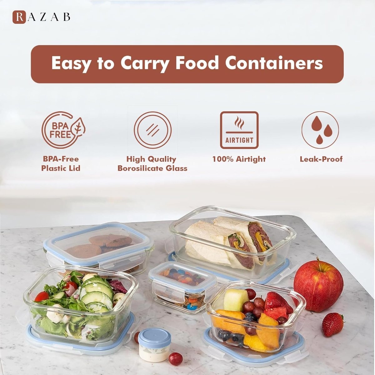 Razab 35 Pc Set Glass Food Storage Containers with Lids - Meal Prep Airtight Bento Boxes BPA - Free 100% Leak Proof (15 lids,15 glass &amp; 5 Plastic Sauce/Dip Containers) - Homesidy.com