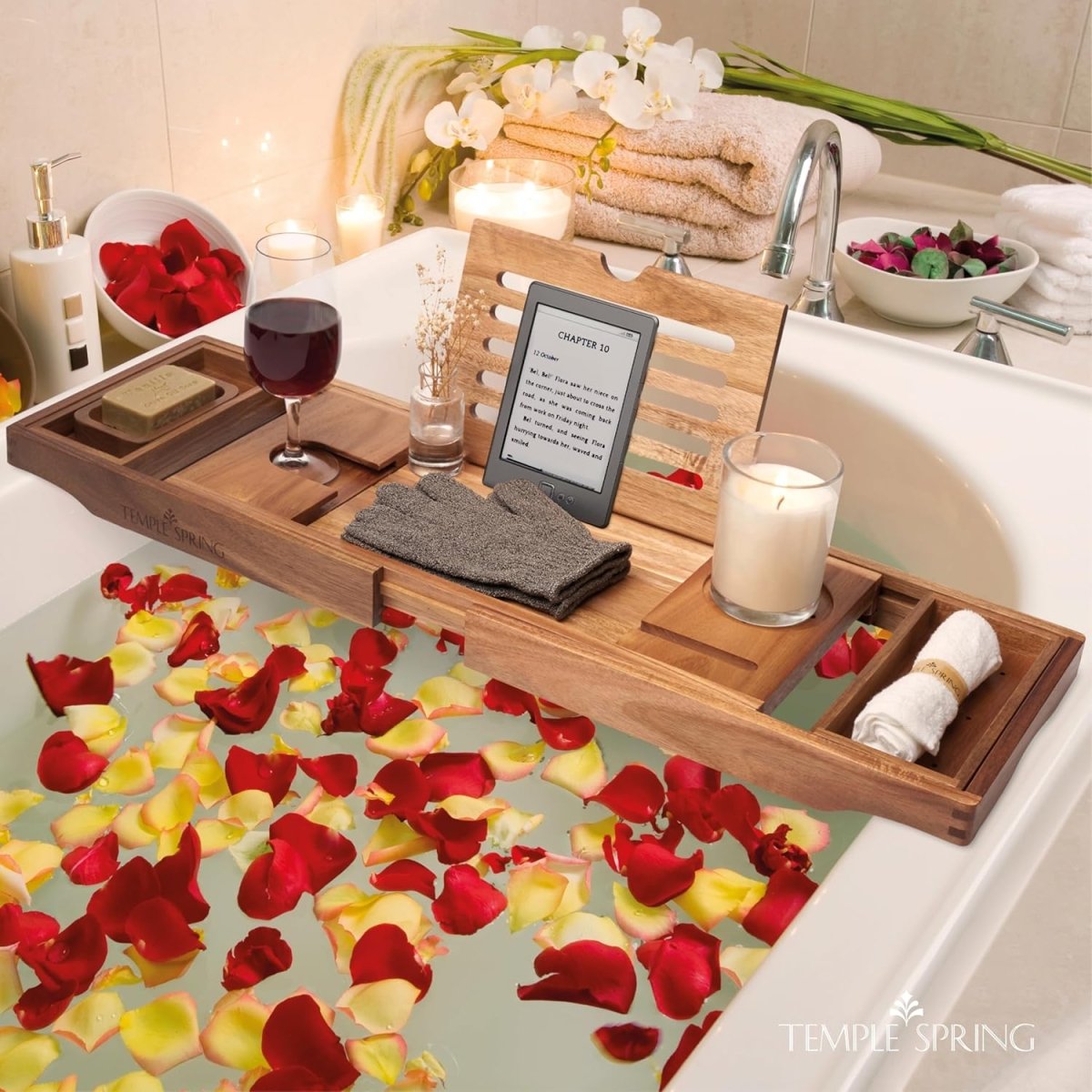 Temple Spring Wooden Bathtub Tray, Bamboo Bathroom Accessories, Bath Tray for Tub, at Home Spa Essentials, Board for Tub Table, Bath Caddy for Bathtub Accessories &amp; Bathroom Essentials – Natural - Homesidy.com