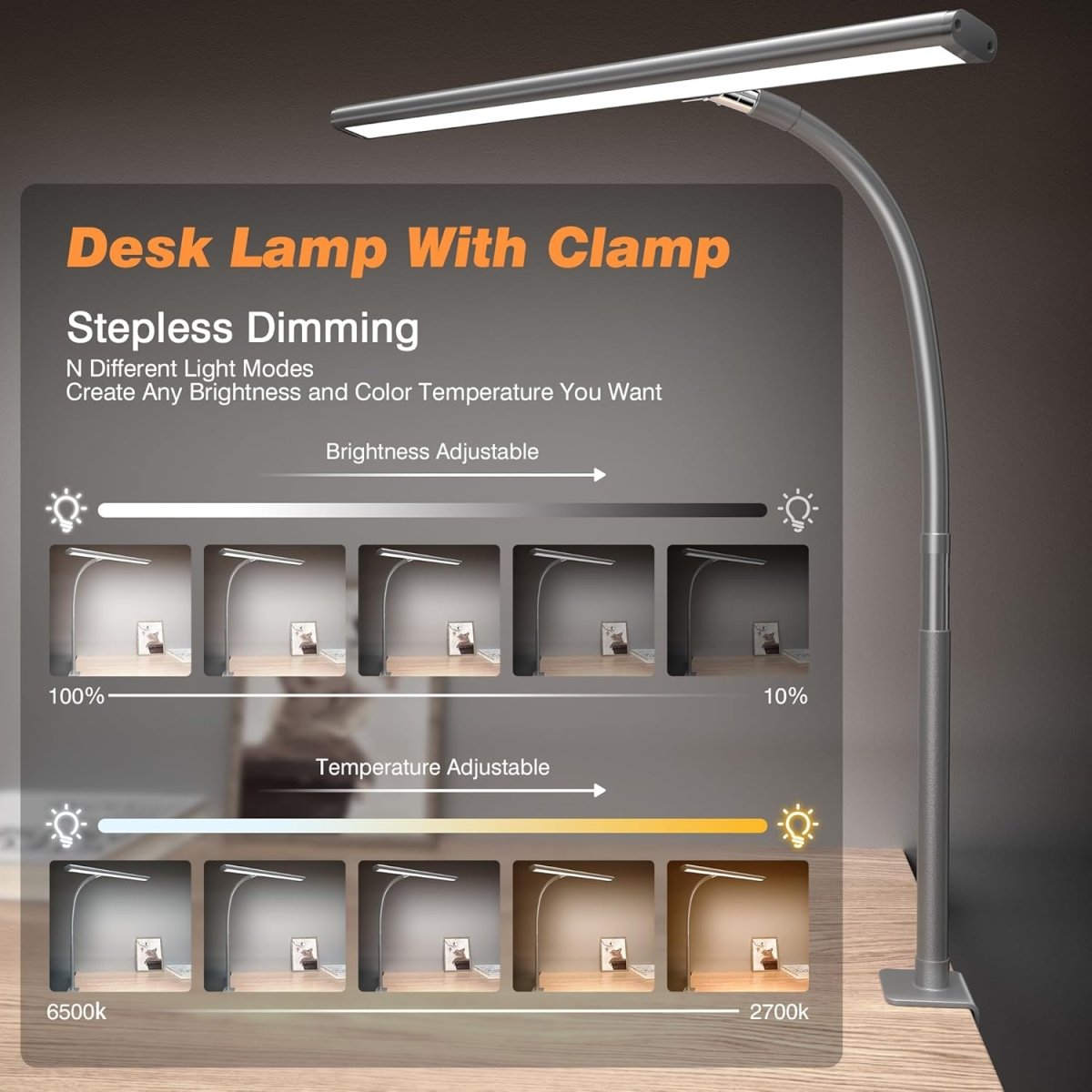 Airlonv LED Desk Lamp for Office Home, Eye - Caring Desk Light with Stepless Dimming Adjustable Flexible Gooseneck, 10W USB Adapter Desk Lamp with Clamp for Reading, Study, Workbench (Black) - Homesidy.com