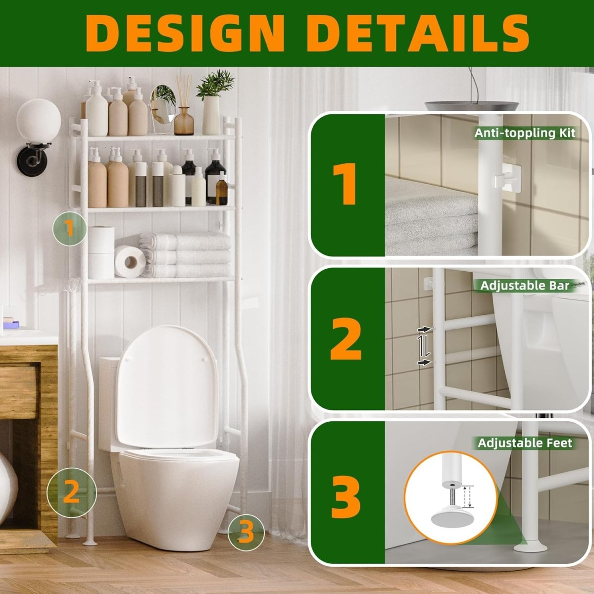 GloTika 3 - Tier Over The Toilet Storage, Space Saver Metal Bathroom Shelves, Freestanding Above Over Toilet Storage Shelf with 4 Hooks for Bathroom, Black - Homesidy.com
