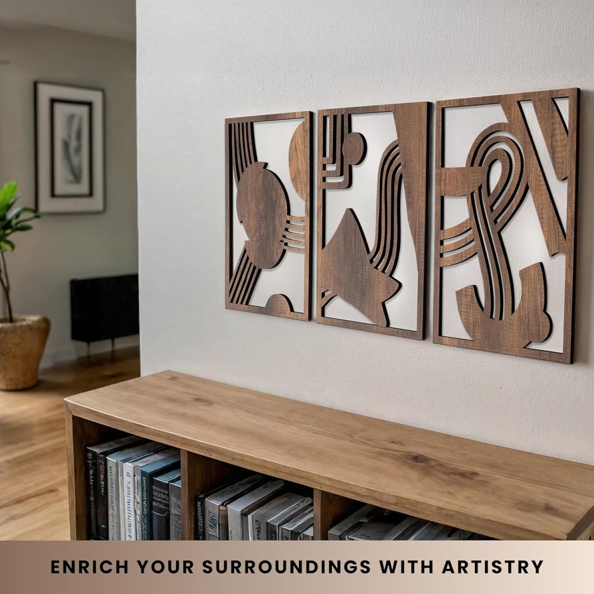 qmmp Modern Wooden Wall Sculptures - Set of 3 - MDF - Oak - Home Decor Accent - Large Wall Art for Living Room, Bedroom, Office - Easy Installation (Oak, Medium - Mountain and Sun, Unframed) - Homesidy.com