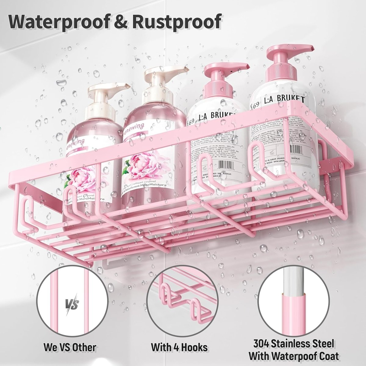 Liuoud 5 Pack Shower Caddy Organizer Rack Shelf for Inside Shower, Adhesive Bathroom Wall Storage Basket Rustproof Stainless Steel Shampoo Holder, Girly Bathroom Accessory Decor Set, Pink - Homesidy.com