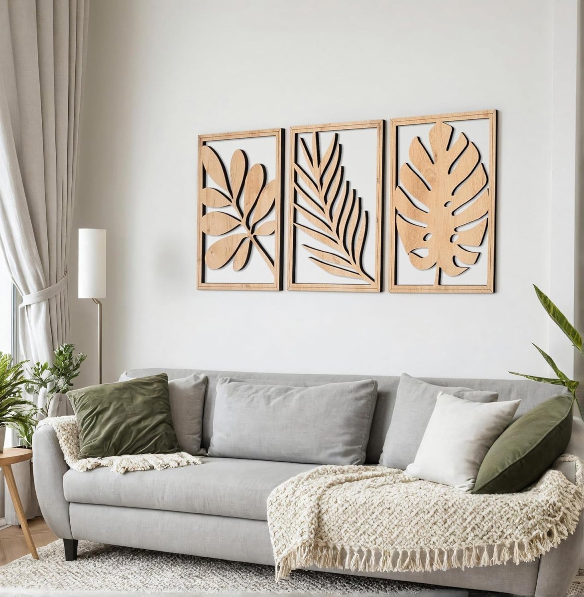 qmmp Modern Wooden Wall Sculptures - Set of 3 - MDF - Oak - Home Decor Accent - Large Wall Art for Living Room, Bedroom, Office - Easy Installation (Oak, Medium - Mountain and Sun, Unframed) - Homesidy.com