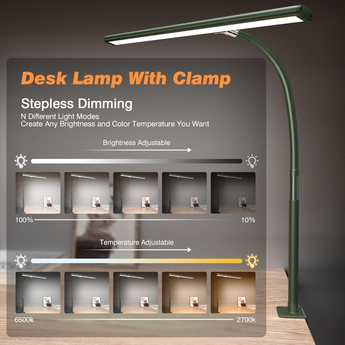Airlonv LED Desk Lamp for Office Home, Eye - Caring Desk Light with Stepless Dimming Adjustable Flexible Gooseneck, 10W USB Adapter Desk Lamp with Clamp for Reading, Study, Workbench (Black) - Homesidy.com