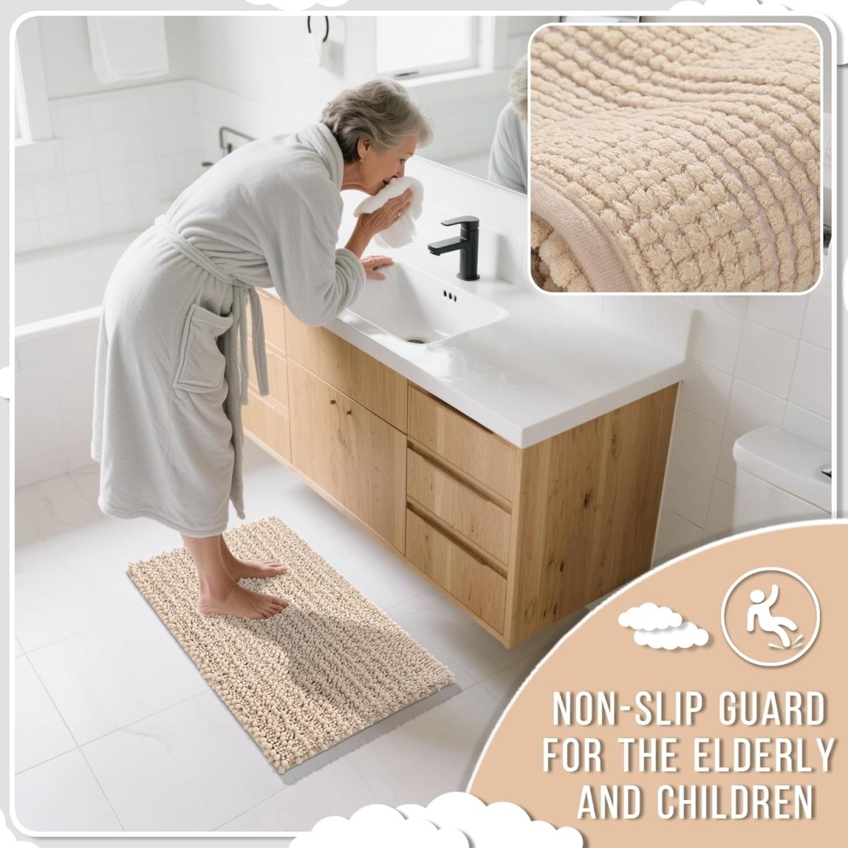 Yimobra Bathroom Rugs Non Slip Washable - Ultra Soft Absorbent Chenille Bath Mat, Quick Dry Shaggy Floor Carpet for Tub Shower, Gray Home Decor Accessories, 24x17 Inch - Homesidy.com