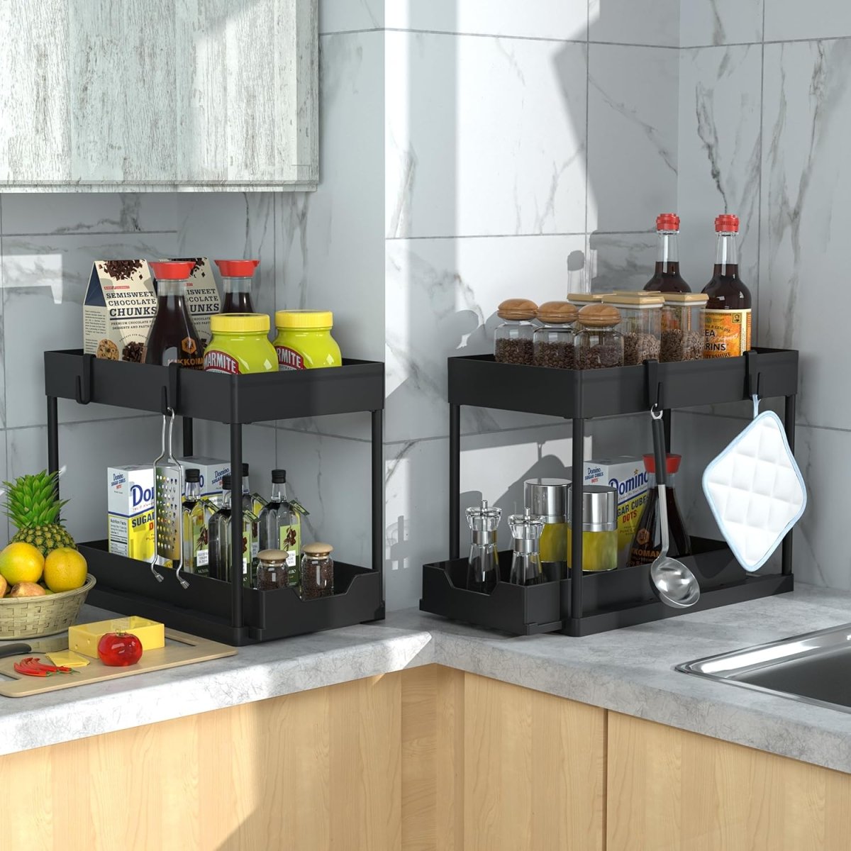 DEKAVA Under Sink Organizer 2 Pack, Bathroom Cabinet Organizer, 2 Tier Sliding Cabinet Basket Organizer Drawer, Multi - Purpose Bath Collection Baskets for Bathroom (Black) - Homesidy.com