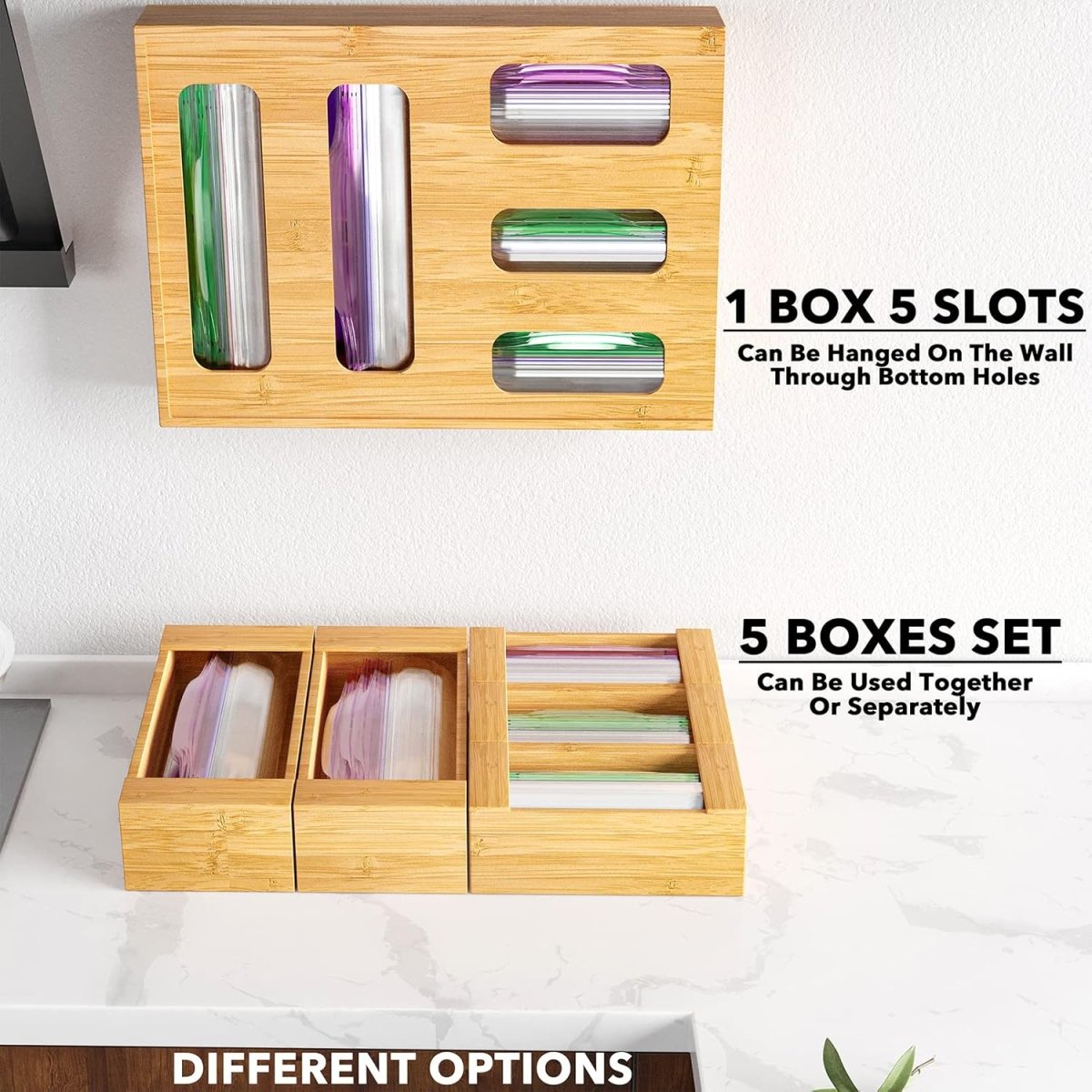 SpaceAid Bag Storage Organizer for Kitchen Drawer, Bamboo Organizer, Compatible with Gallon, Quart, Sandwich and Snack Variety Size Bag (1 Box 4 Slots) - Homesidy.com