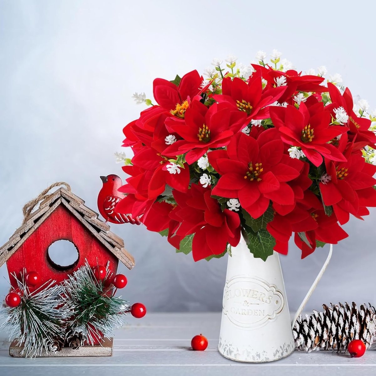 MOIAVAN 12 Bunches Poinsettias Artificial Christmas Flowers for Outdoors,14 Fake Red Poinsettias Faux Eucalyptus Plants UV Resistant for Home Planters Garden Porch Christmas Winter Spring Décor - Homesidy.com