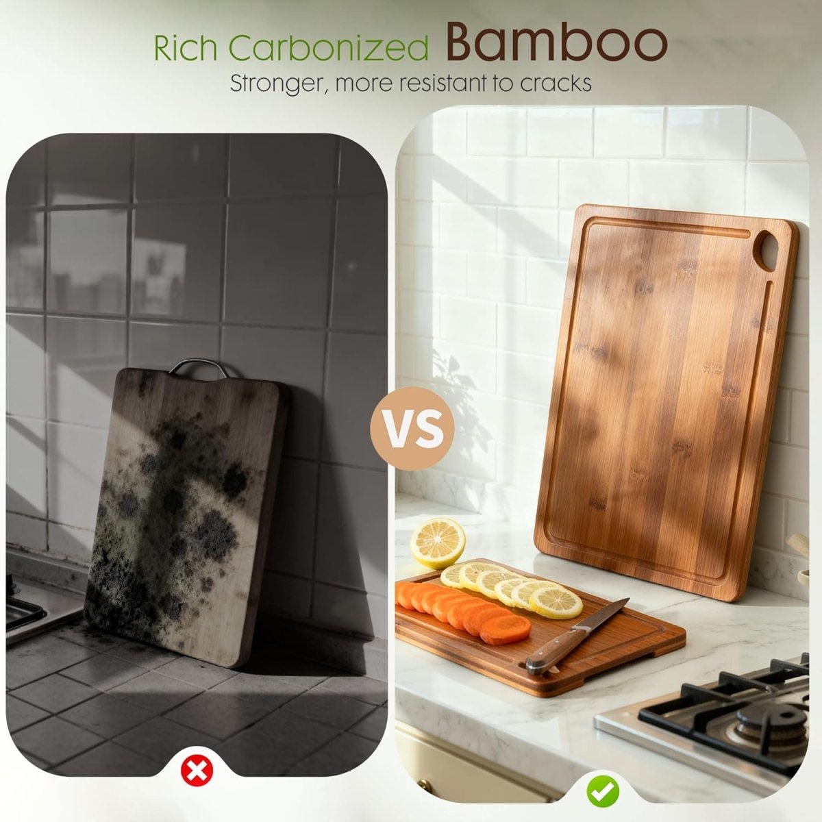 Astercook Deep - Carbonized Bamboo Cutting Boards for Kitchen with Wood Storage Stand, Reversible Charcuterie &amp; Chopping Boards with Juice Grooves and Easy - Grip Handles, Knife - Friendly, Kitchen Gift - Homesidy.com