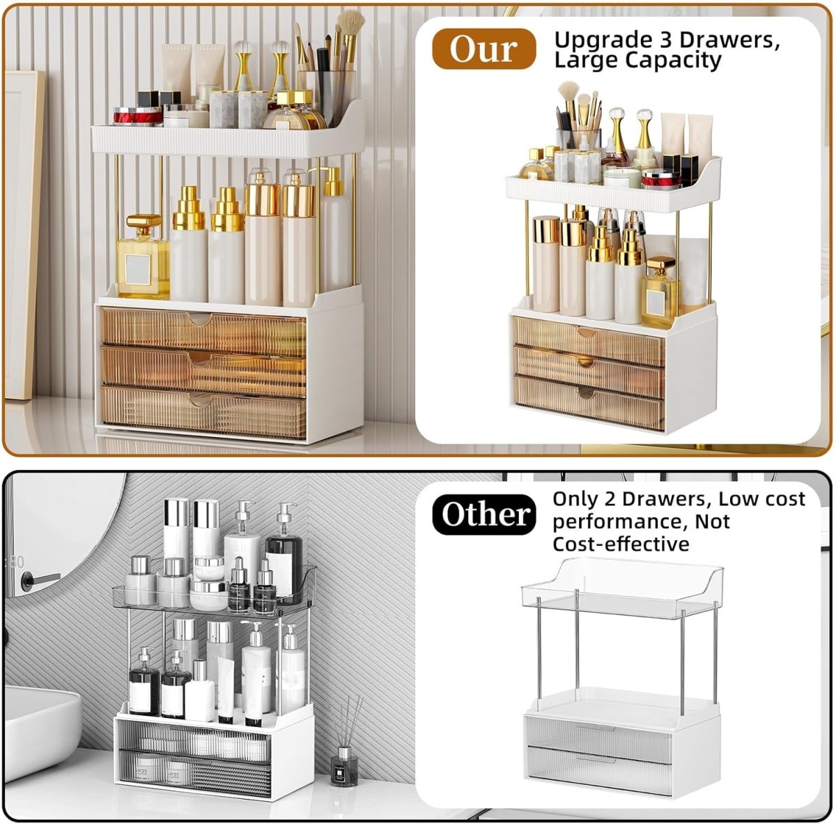 StorBin 3 Drawers Makeup Organizer - 5 Tier Bathroom Counter Organizers and Storage, Versatile Perfume Vanity Organizer, Ideal for Cosmetic, Large Skincare, Face Mask, Office Supplies, Amber - Homesidy.com