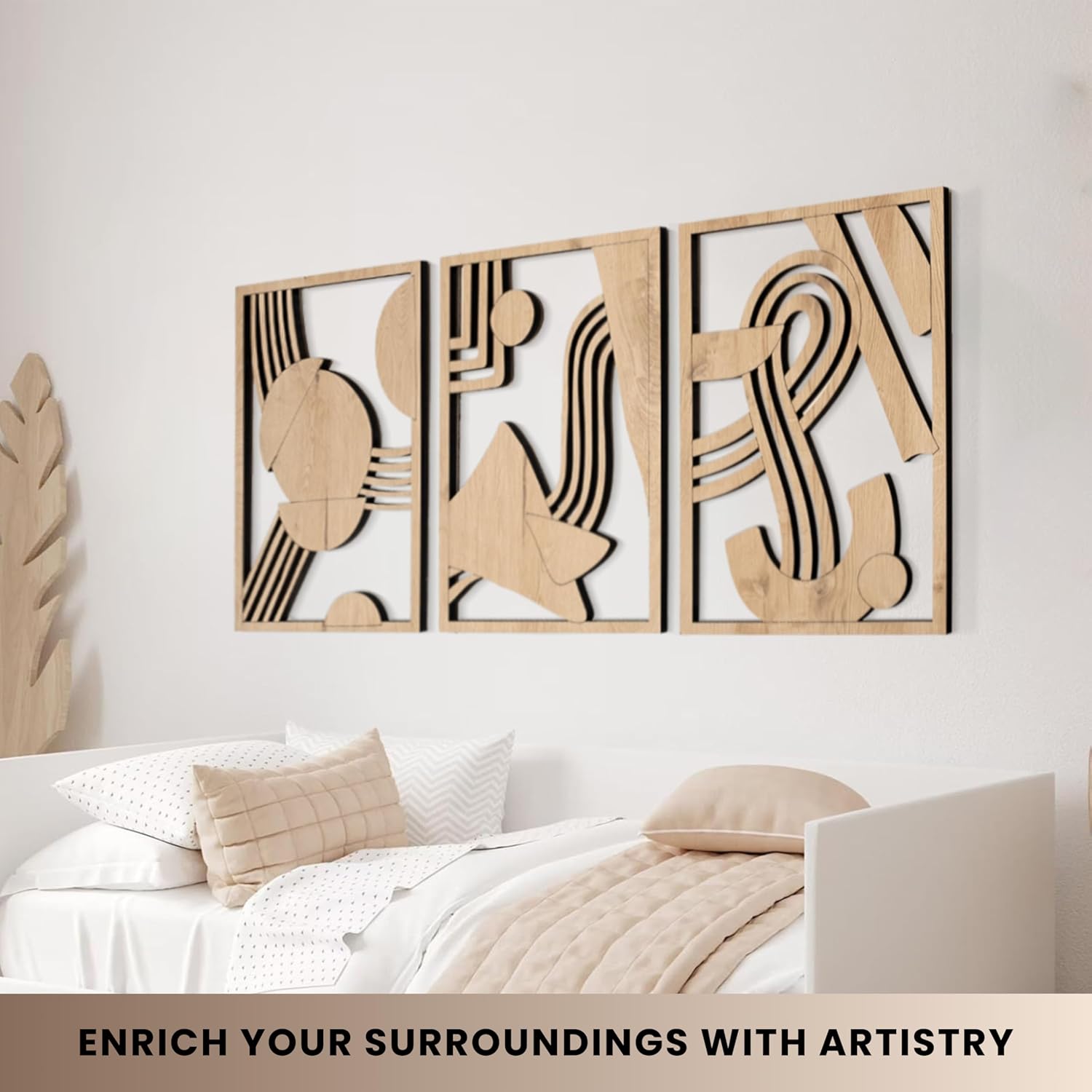 qmmp Modern Wooden Wall Sculptures - Set of 3 - MDF - Oak - Home Decor Accent - Large Wall Art for Living Room, Bedroom, Office - Easy Installation (Oak, Medium - Mountain and Sun, Unframed) - Homesidy.com