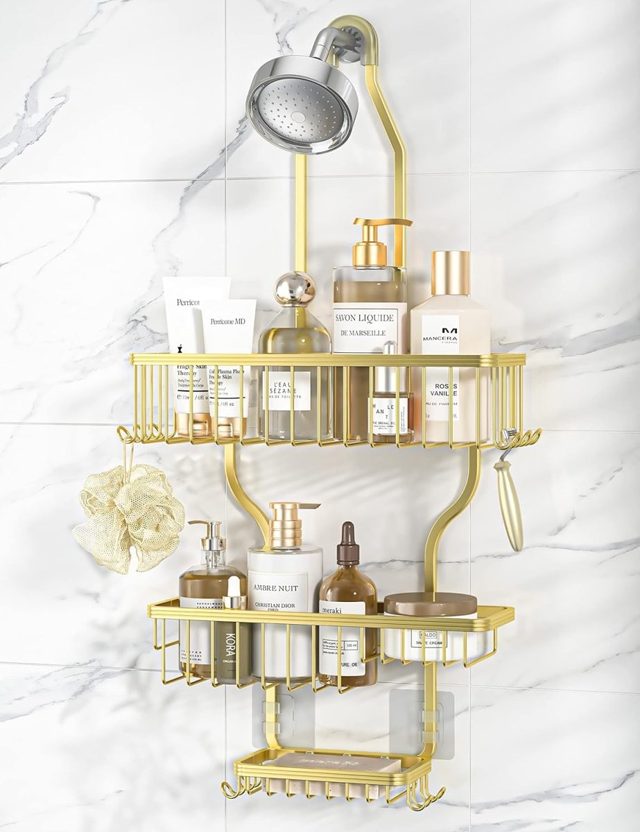 YASONIC Shower Caddy Hanging - Never Rust Shower Organizer - Aluminum Over The Head Caddy with 10 Hooks for Razor/Sponge - Rack with Soap Basket - Silver - Homesidy.com