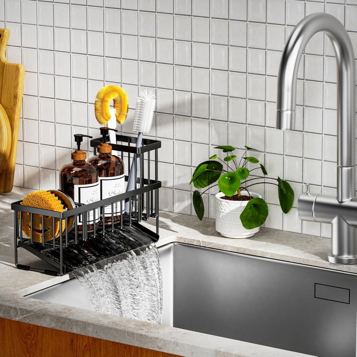 Cisily Kitchen Sink Caddy Organzier with High Brush Holder, Sponge Holder for Sink, 304 Rustproof Stainless, Kitchen Countertop Soap Dispenser Organizer, Kitchen Decor and Accessories - Homesidy.com