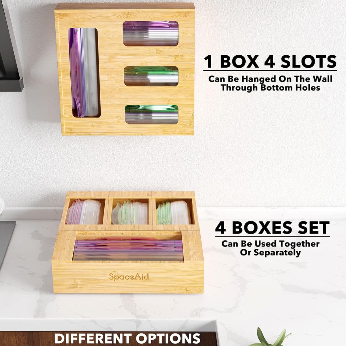 SpaceAid Bag Storage Organizer for Kitchen Drawer, Bamboo Organizer, Compatible with Gallon, Quart, Sandwich and Snack Variety Size Bag (1 Box 4 Slots) - Homesidy.com