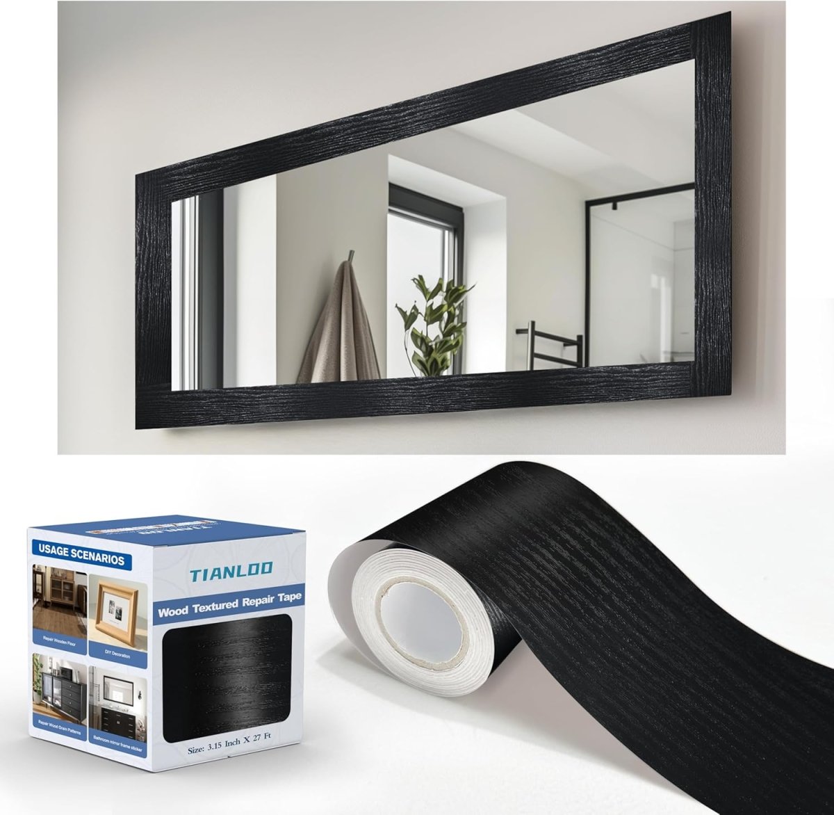 TIANLDD 27 FT Wood Grain Wallpaper Border, Removable Waterproof Mirror Border Peel and Stick,Bathroom Mirror Frame Border.(Black) - Homesidy.com