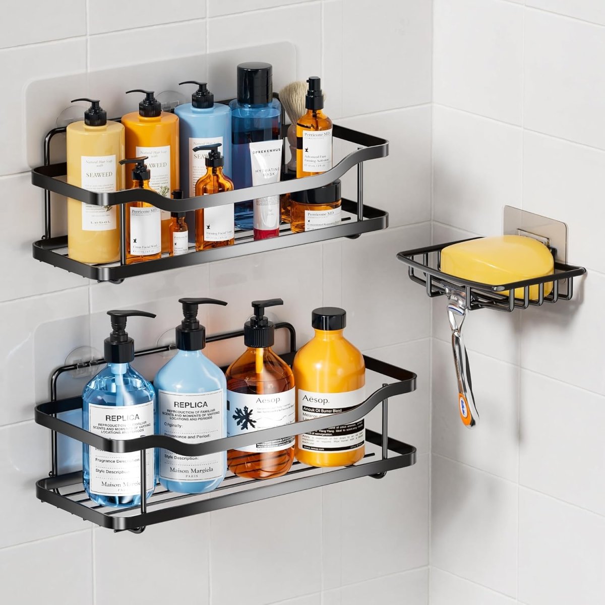 OMAIRA 3 - Pack Shower Caddy with Soap Holder, Adhesive Rustproof No - drill Strudy Loading Inside Shower Organizer Shelves Rack Storage Bathroom Organization for Smooth Wall Glass Tile, Black (Large) - Homesidy.com