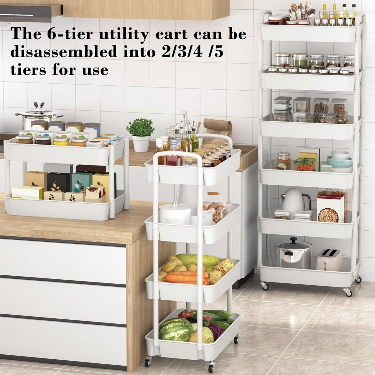 Sywhitta 3 - Tier Plastic Rolling Utility Cart with Handle, Multi - Functional Storage Trolley for Office, Living Room, Kitchen, Movable Storage Organizer with Wheels, White - Homesidy.com