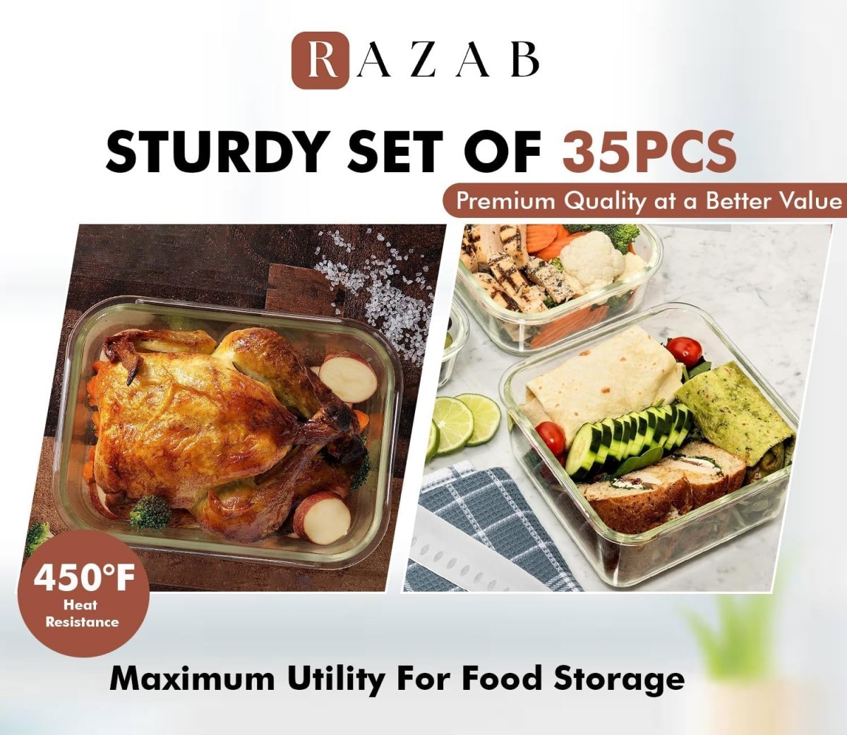Razab 35 Pc Set Glass Food Storage Containers with Lids - Meal Prep Airtight Bento Boxes BPA - Free 100% Leak Proof (15 lids,15 glass &amp; 5 Plastic Sauce/Dip Containers) - Homesidy.com