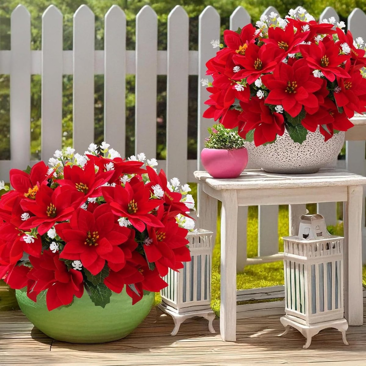 MOIAVAN 12 Bunches Poinsettias Artificial Christmas Flowers for Outdoors,14 Fake Red Poinsettias Faux Eucalyptus Plants UV Resistant for Home Planters Garden Porch Christmas Winter Spring Décor - Homesidy.com
