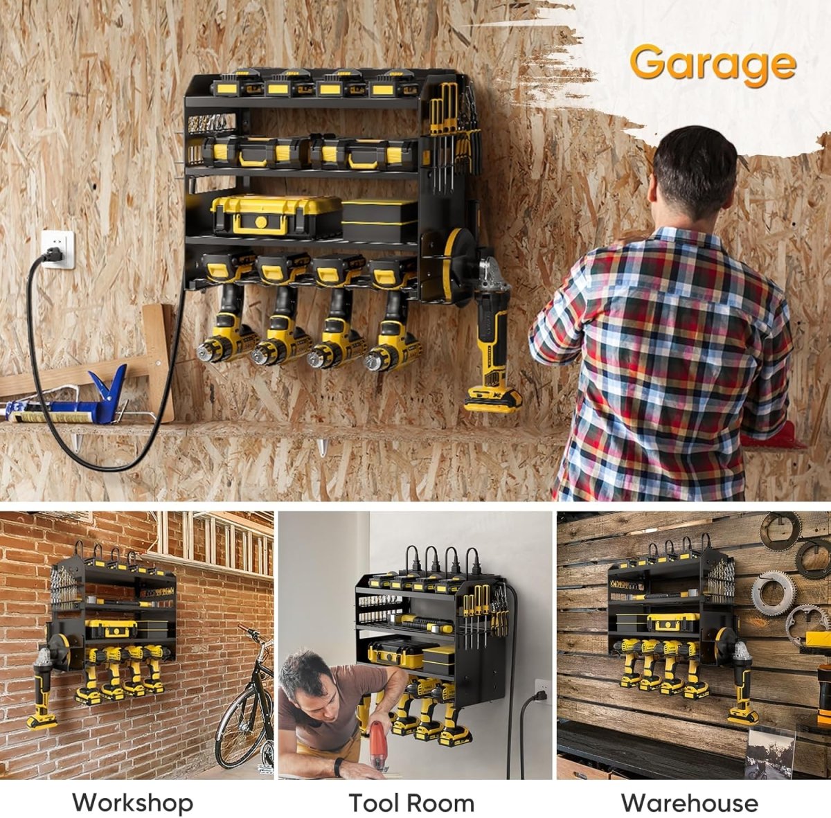 POKIPO Large Power Tool Organizer Wall Mount with Charging Station,4 Layer Heavy Duty Metal Tool Storage Rack Loads 600lbs with 8 Cordless Drill Holder,Battery Utility Rack Loads with 4 Power Strip - Homesidy.com