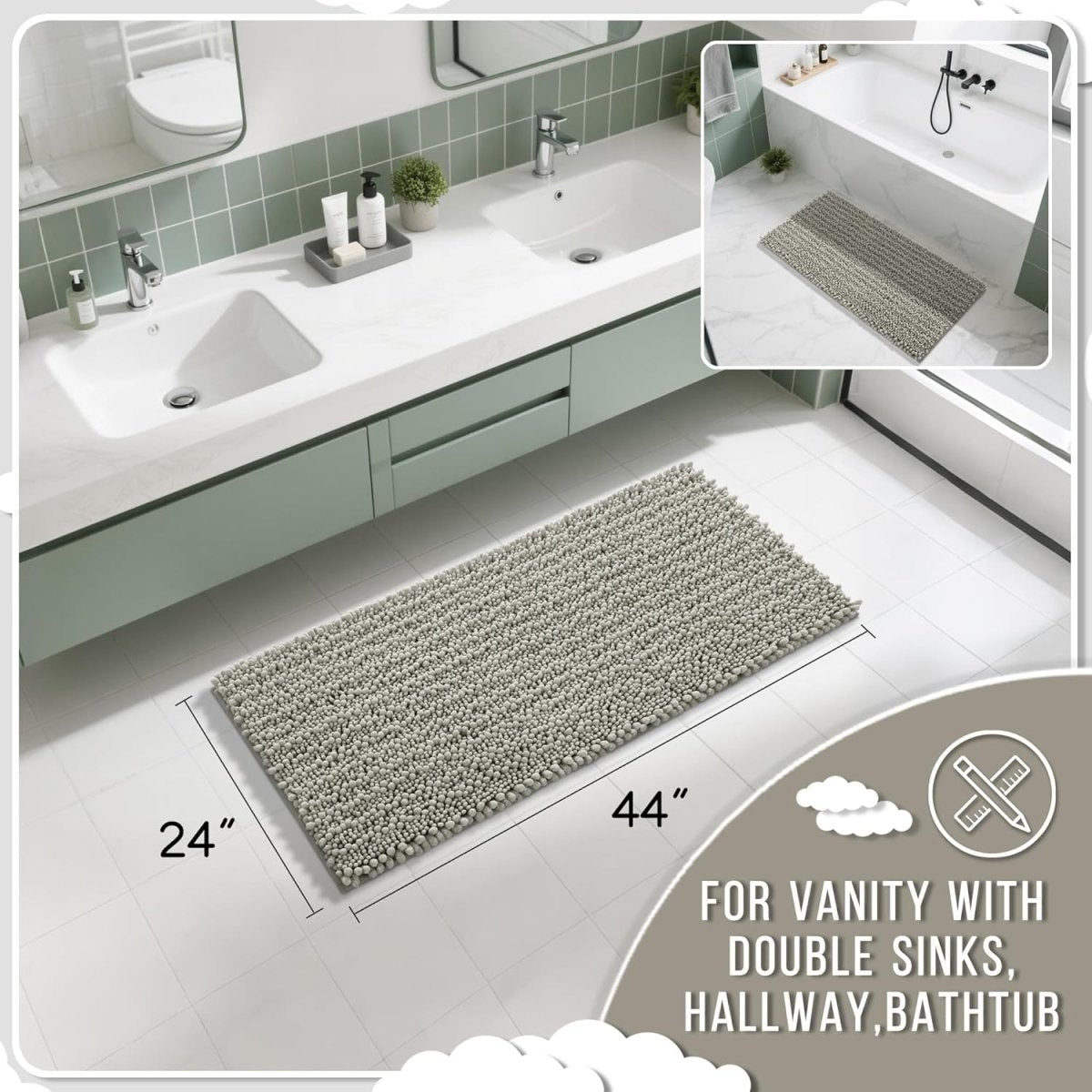 Yimobra Bathroom Rugs Non Slip Washable - Ultra Soft Absorbent Chenille Bath Mat, Quick Dry Shaggy Floor Carpet for Tub Shower, Gray Home Decor Accessories, 24x17 Inch - Homesidy.com