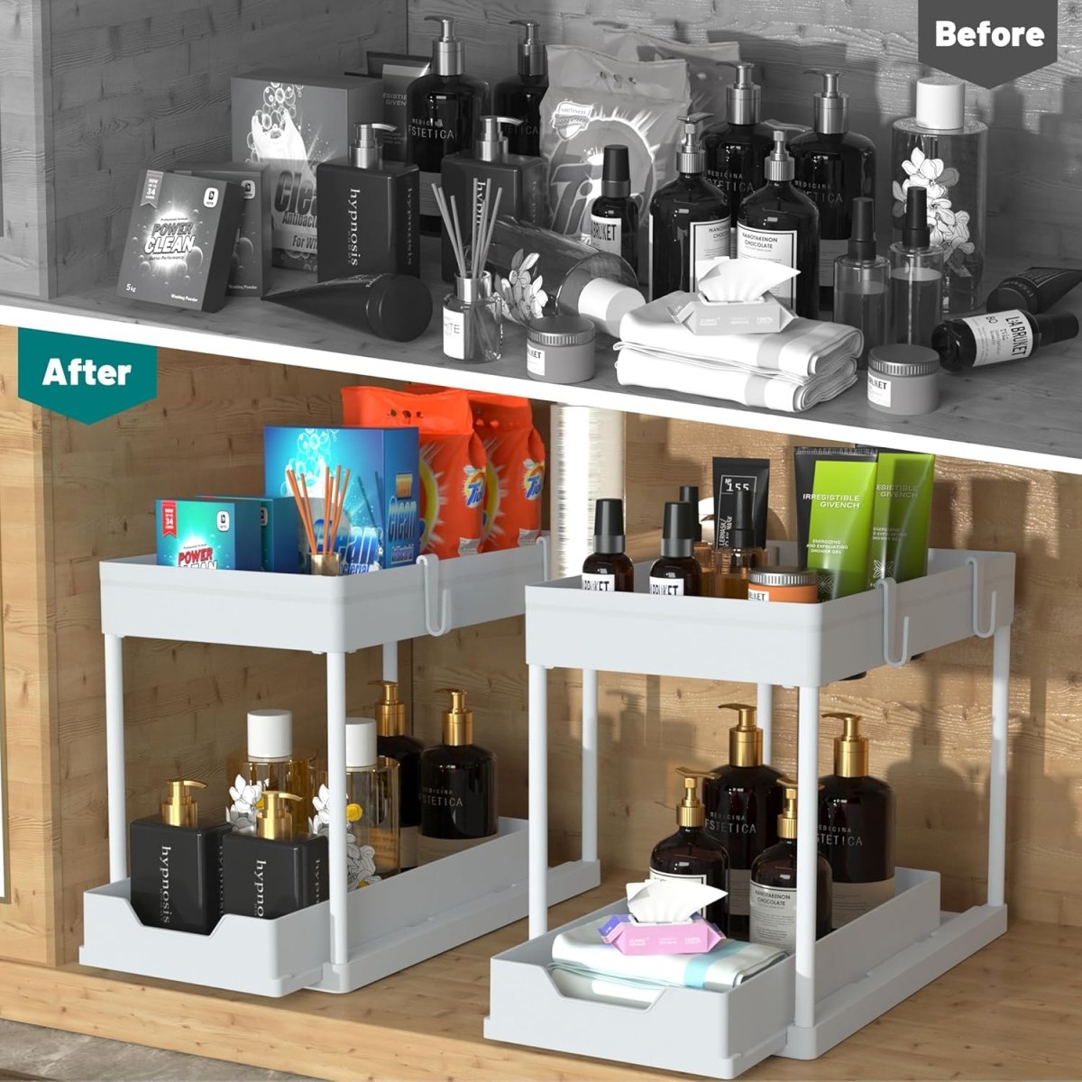 DEKAVA Under Sink Organizer 2 Pack, Bathroom Cabinet Organizer, 2 Tier Sliding Cabinet Basket Organizer Drawer, Multi - Purpose Bath Collection Baskets for Bathroom (Black) - Homesidy.com